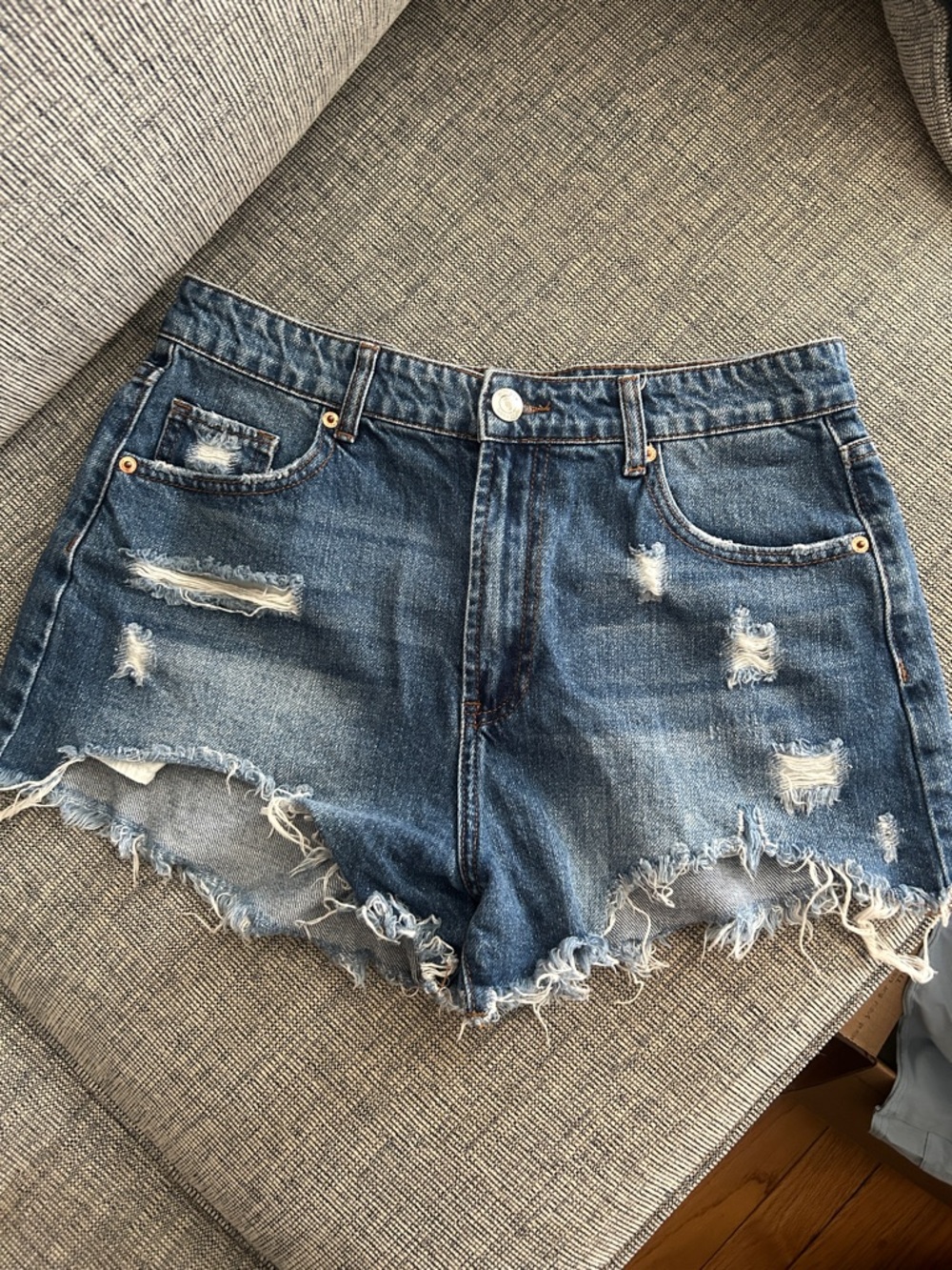 High-Rise Distressed Blue Denim Jean Shorts